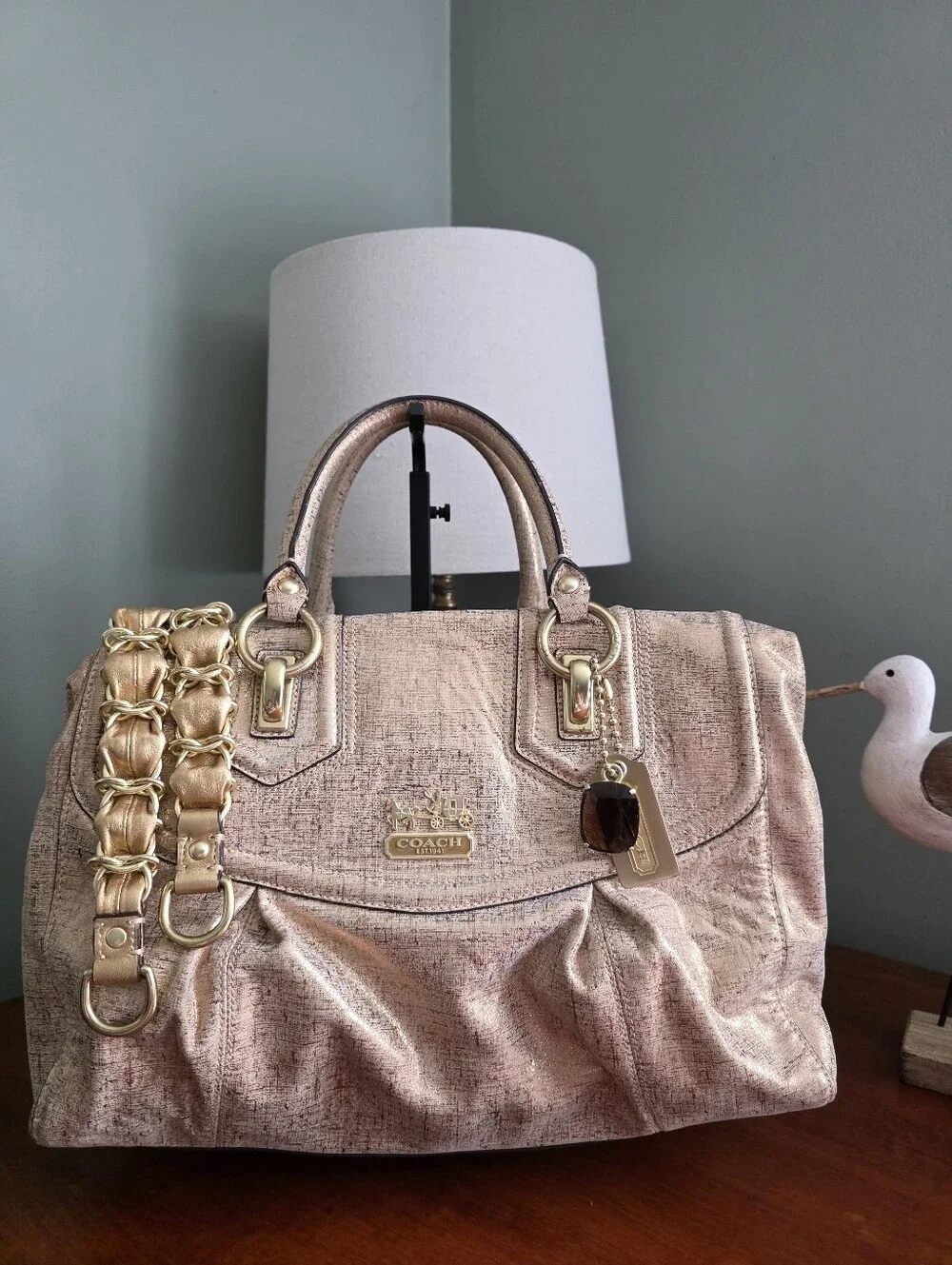 Coach 14241 Madison Sabrina Metallic Linen Tan Gold Satchel Shoulder Bag Y2K